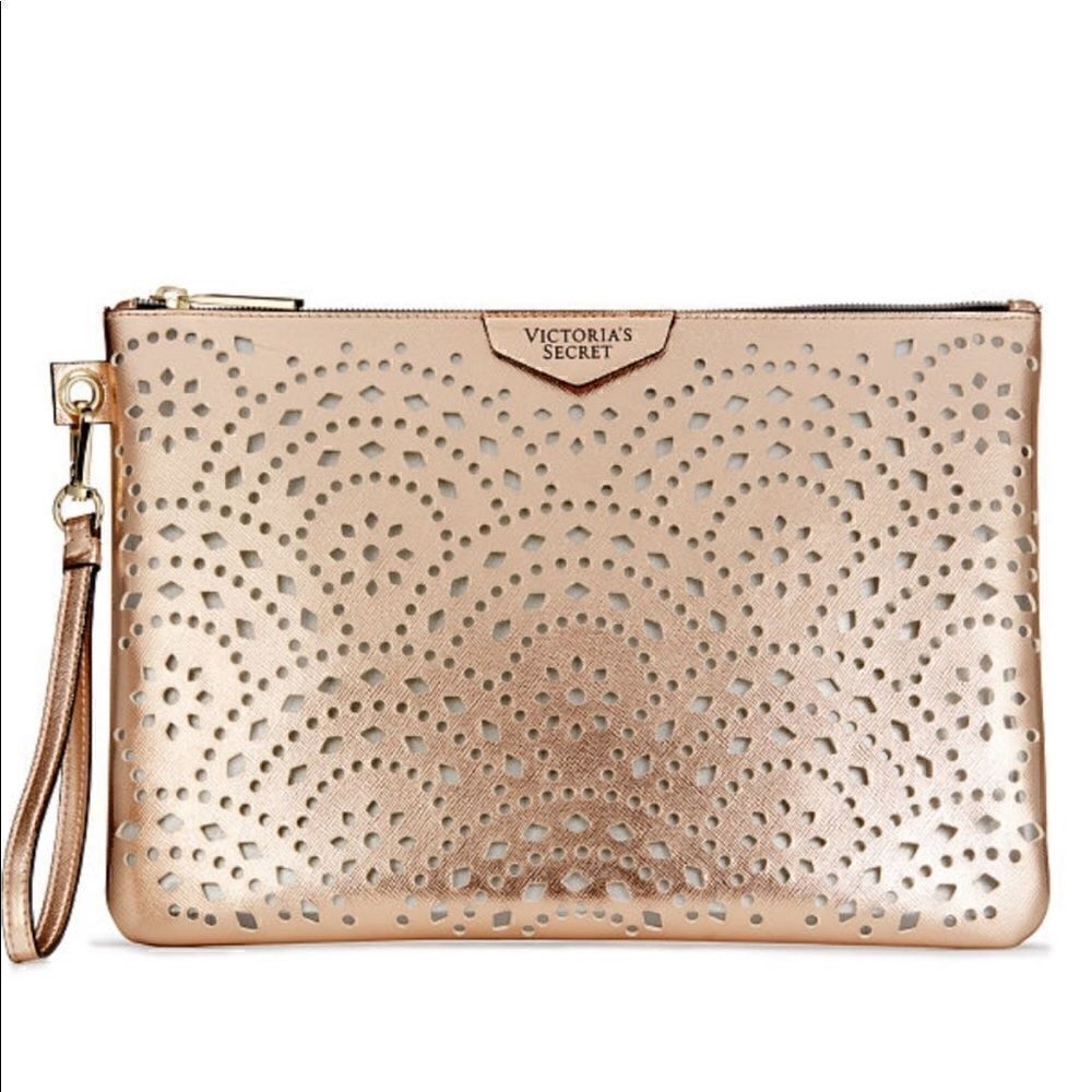 Victoria's Secret Gold Laser Cut Pouch Wristlet Purse Clutch Organizer